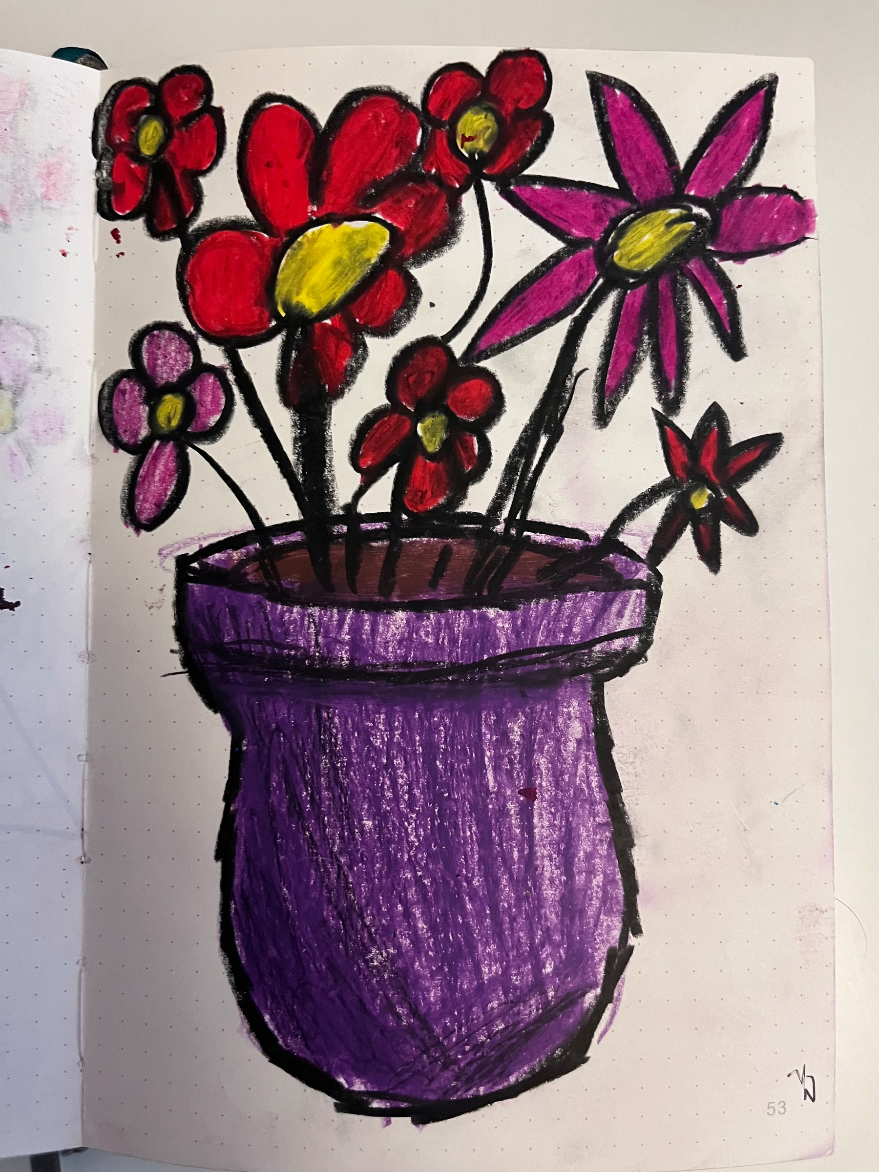 A colorful drawing of a purple flower pot containing vibrant red and pink flowers with yellow centers.
