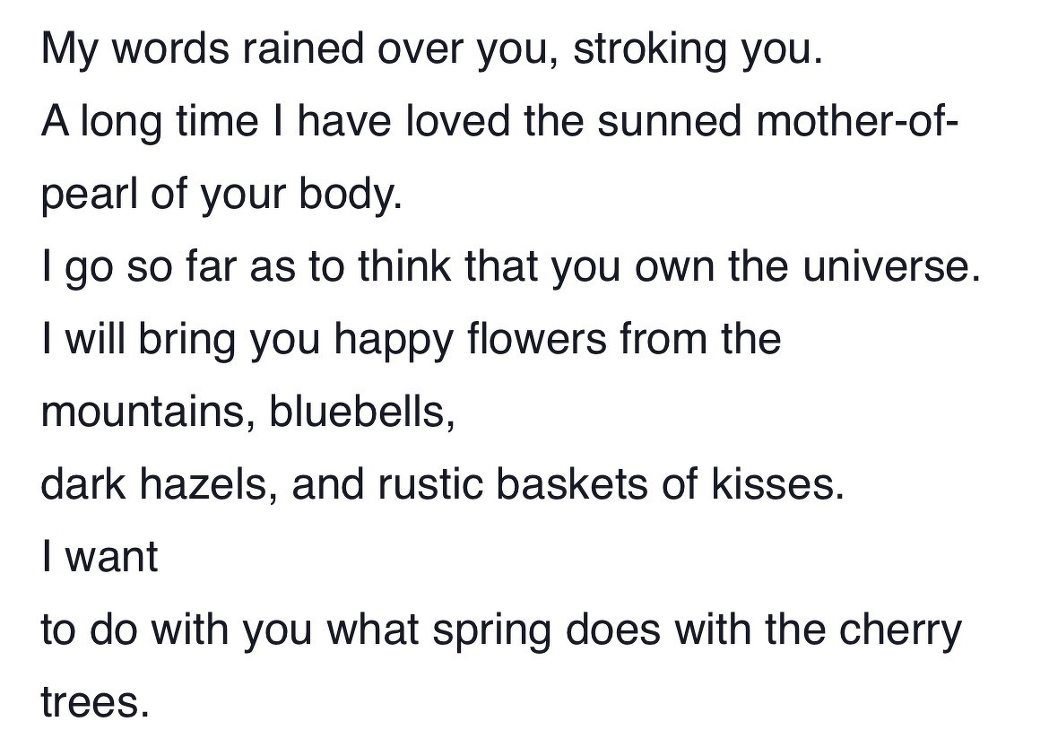 A poetic excerpt describes romantic and natural imagery, conveying deep affection and vivid metaphors.