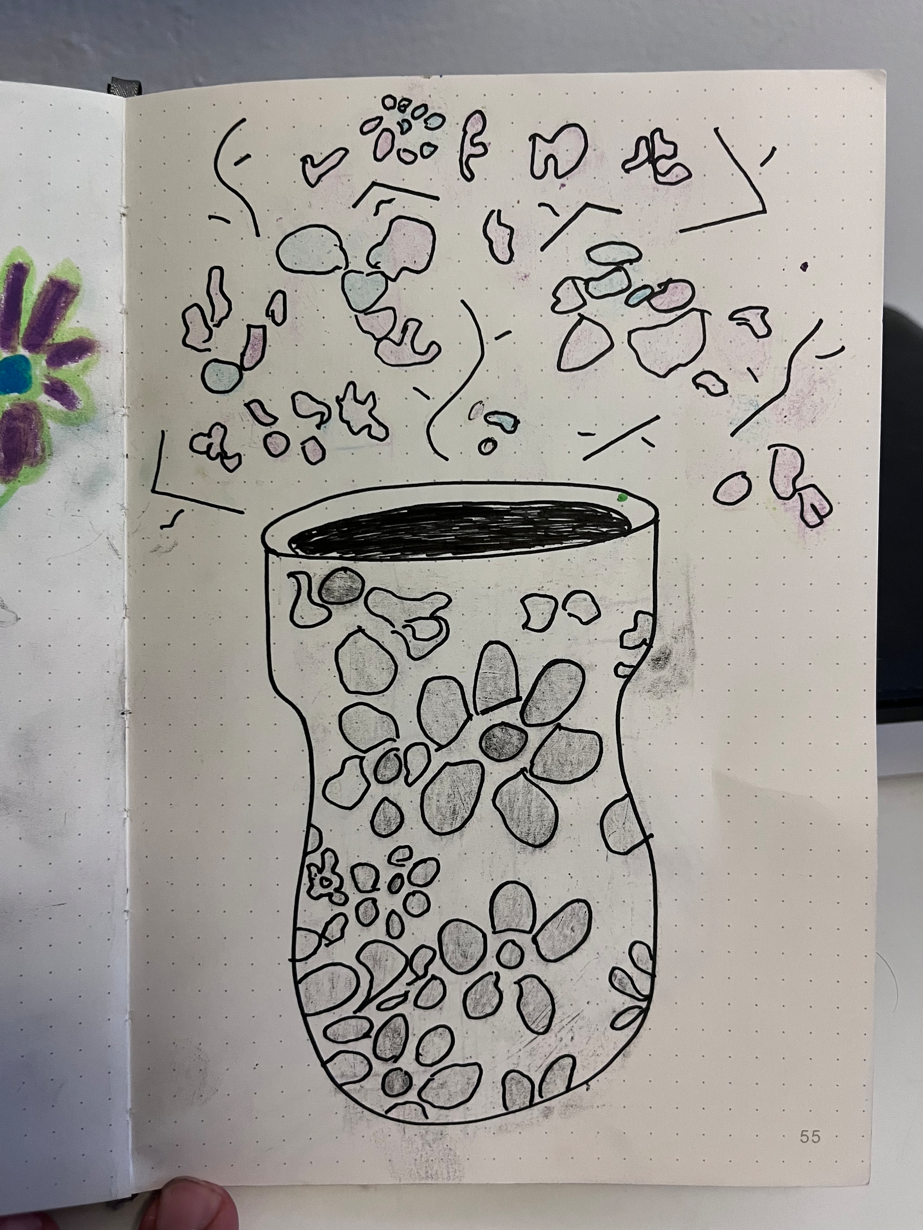 A hand-drawn doodle depicts a patterned jar or vase with floral designs, with abstract shapes scattered above it.