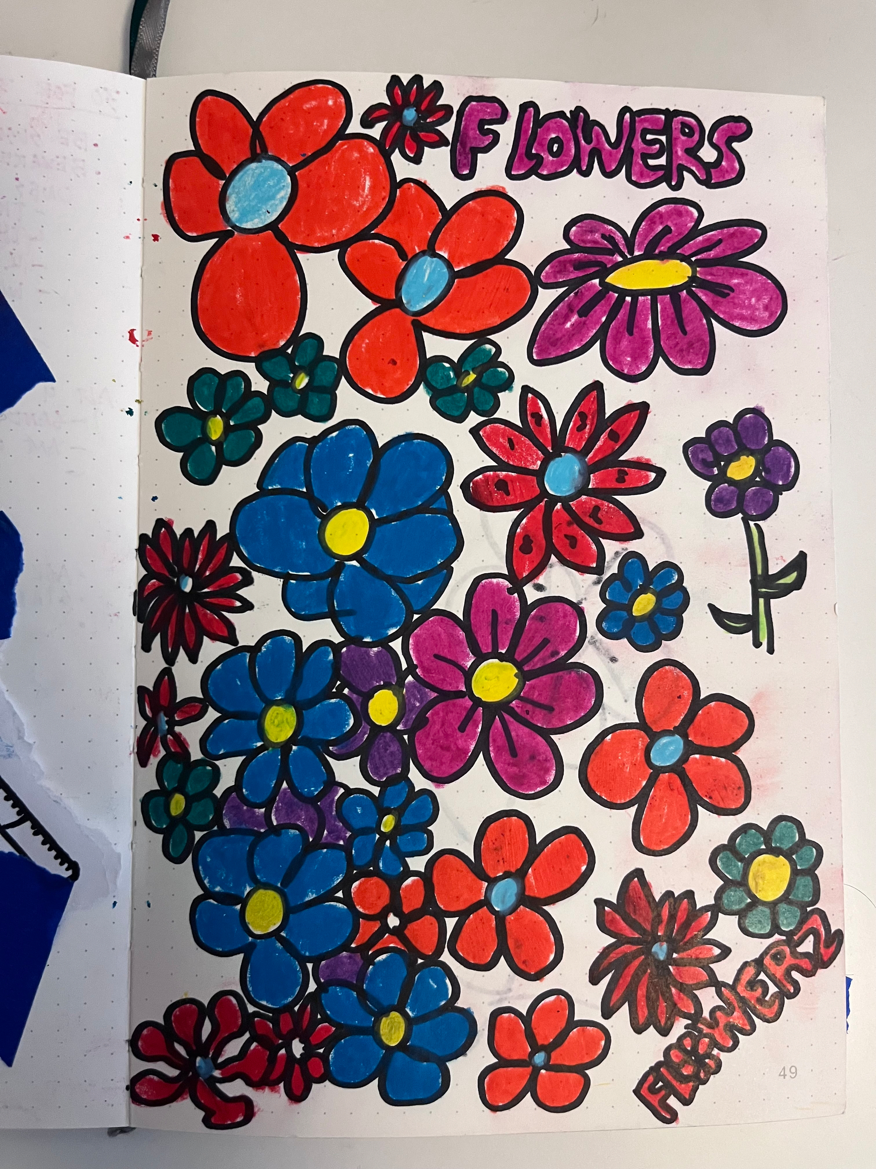 A colorful hand-drawn collection of various flowers with the words FLOWERS and FLOWERZ written in bold letters.