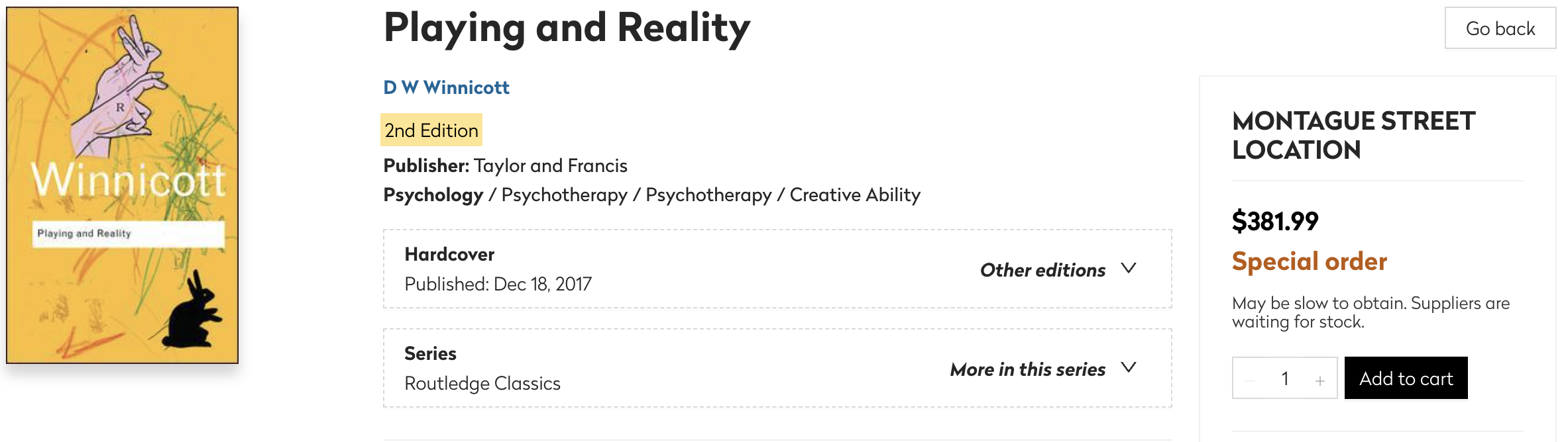 A book titled Playing and Reality by D.W. Winnicott, 2nd edition, is shown with details about its publisher, price, and purchase options.